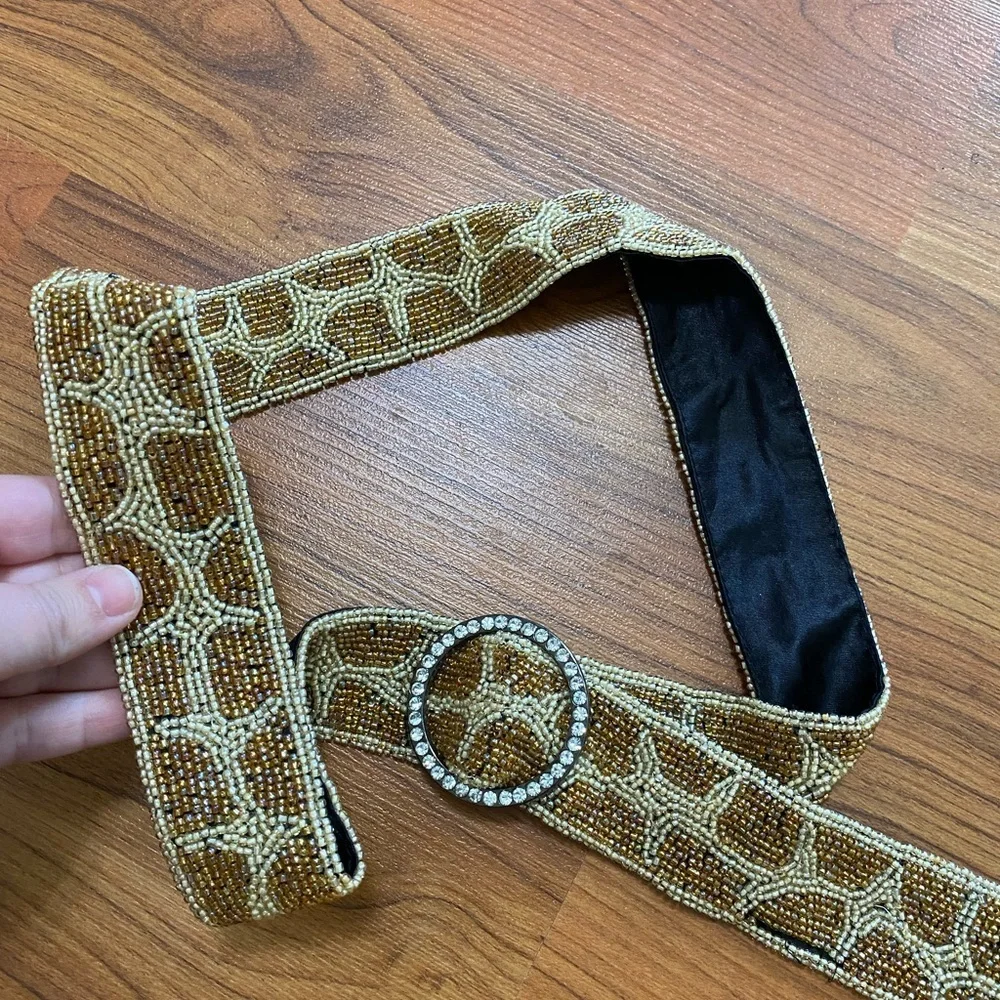 Beaded Brown Animal Print Belt with around Rhinestone Buckle Size Large